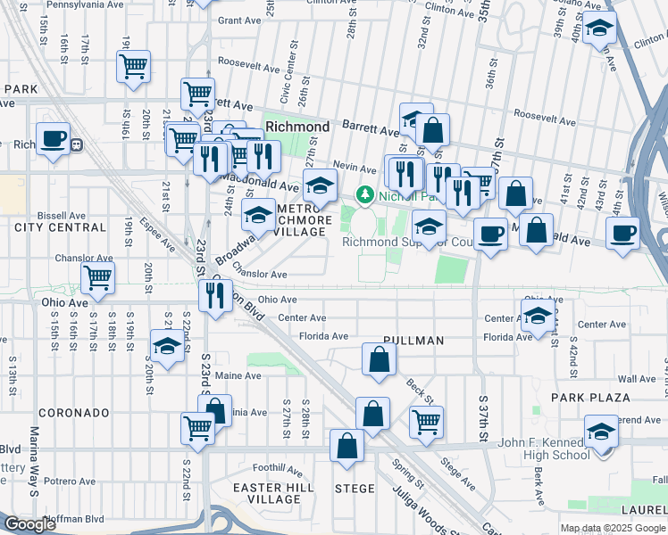 map of restaurants, bars, coffee shops, grocery stores, and more near 36 29th Street in Richmond