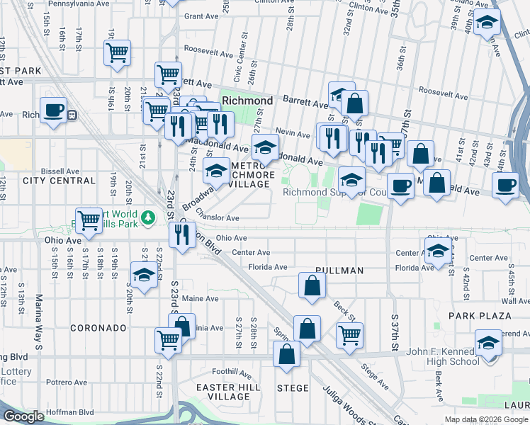 map of restaurants, bars, coffee shops, grocery stores, and more near 36 29th Street in Richmond
