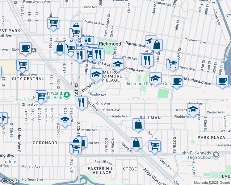map of restaurants, bars, coffee shops, grocery stores, and more near 2713 Chanslor Avenue in Richmond