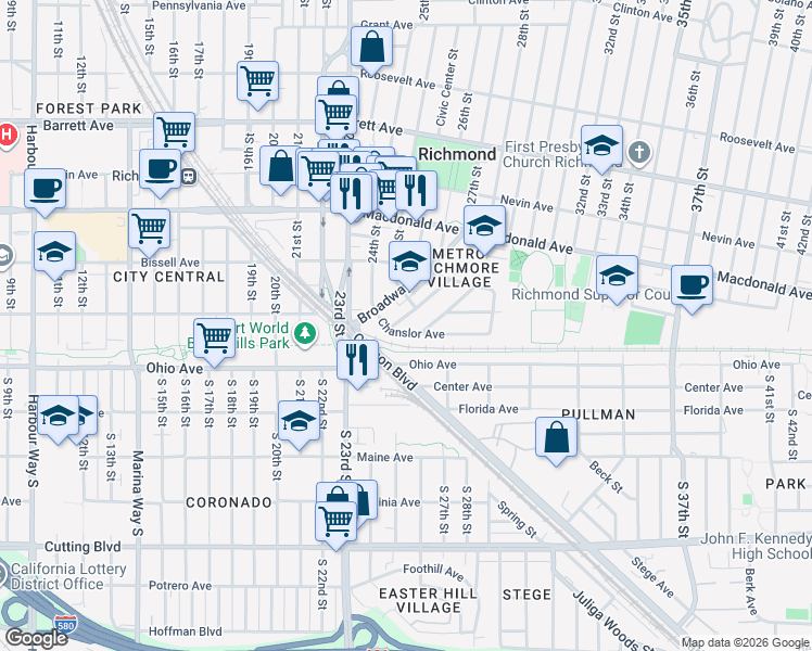map of restaurants, bars, coffee shops, grocery stores, and more near 2436 Chanslor Avenue in Richmond