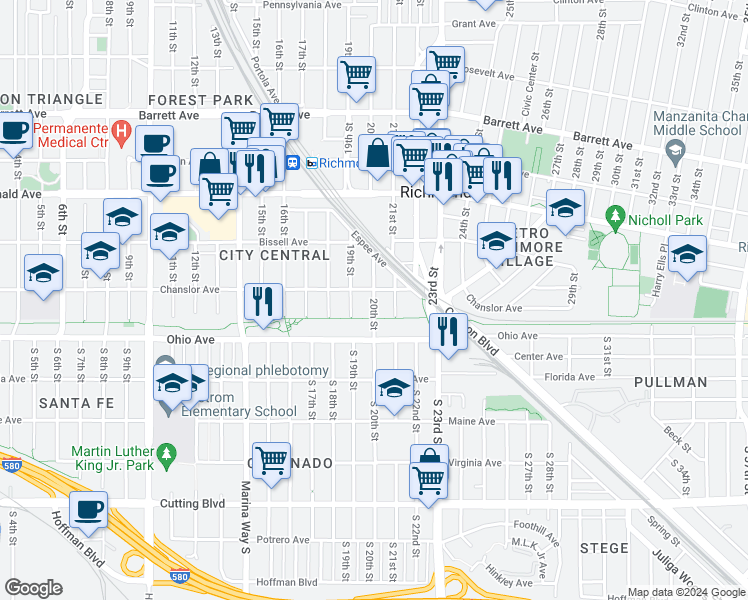 map of restaurants, bars, coffee shops, grocery stores, and more near 26 20th Street in Richmond