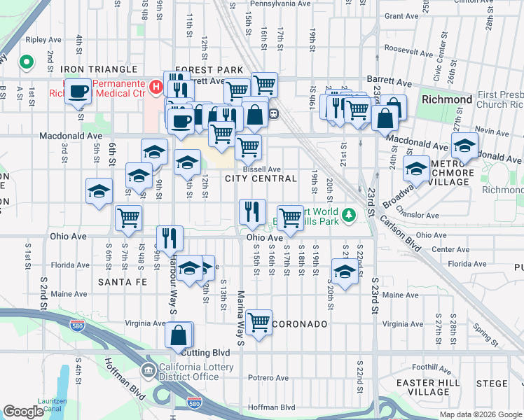 map of restaurants, bars, coffee shops, grocery stores, and more near 36 15th Street in Richmond