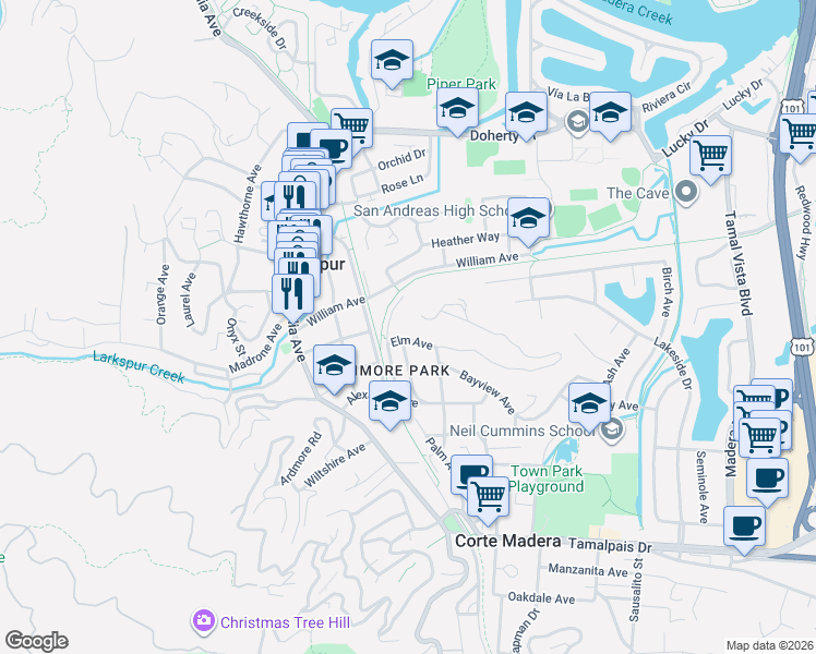 map of restaurants, bars, coffee shops, grocery stores, and more near 106 Acacia Avenue in Larkspur