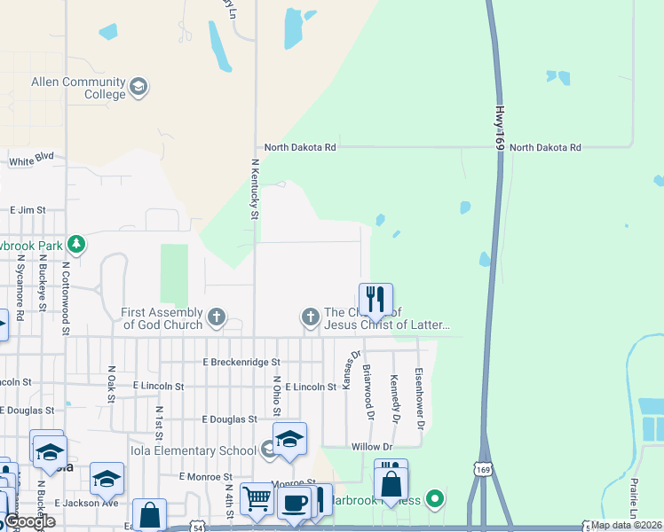 map of restaurants, bars, coffee shops, grocery stores, and more near 1521 Redbud Lane in Iola