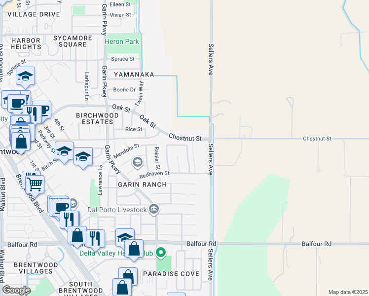 map of restaurants, bars, coffee shops, grocery stores, and more near 483 Stanwick Street in Brentwood