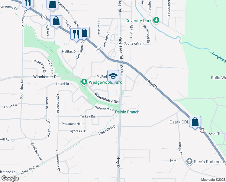 map of restaurants, bars, coffee shops, grocery stores, and more near 796 Avon Court in Rolla