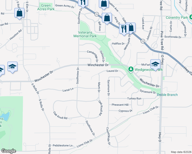 map of restaurants, bars, coffee shops, grocery stores, and more near 816 Laurel Drive in Rolla