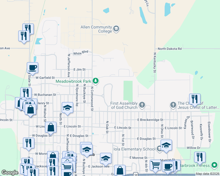 map of restaurants, bars, coffee shops, grocery stores, and more near 1116-1198 East Meadowbrook Road in Iola