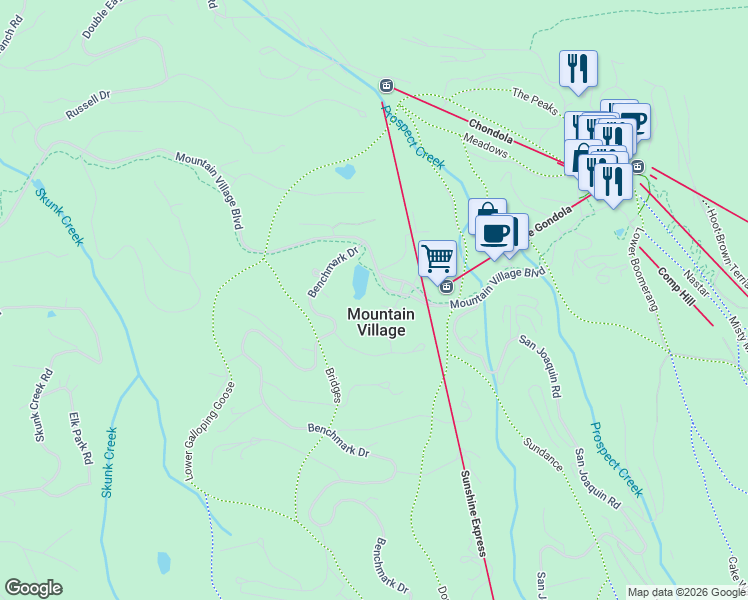 map of restaurants, bars, coffee shops, grocery stores, and more near 109 Gold Hill Court in Mountain Village