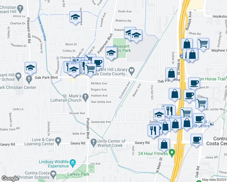 map of restaurants, bars, coffee shops, grocery stores, and more near 3157 Rogers Avenue in Walnut Creek