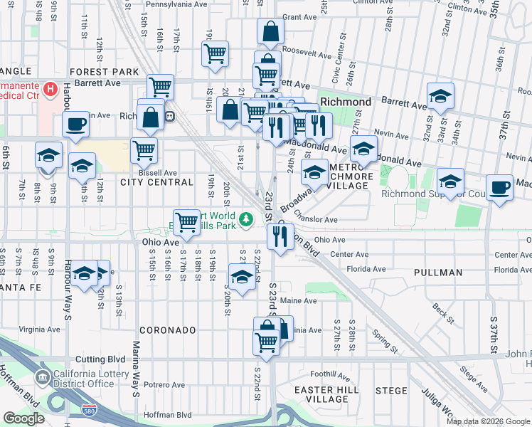 map of restaurants, bars, coffee shops, grocery stores, and more near 0 23rd Street in Richmond