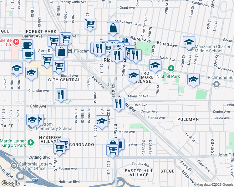 map of restaurants, bars, coffee shops, grocery stores, and more near 2 Broadway in Richmond