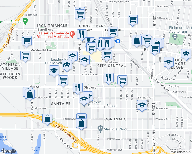 map of restaurants, bars, coffee shops, grocery stores, and more near 39 13th Street in Richmond