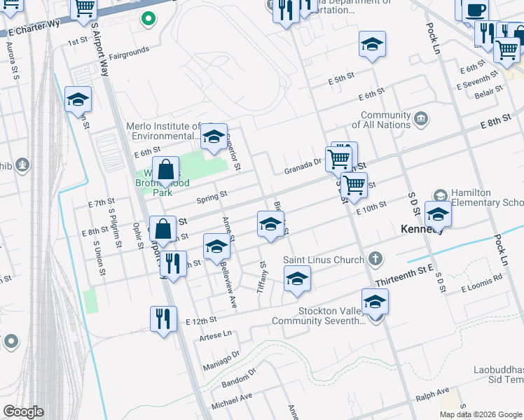 map of restaurants, bars, coffee shops, grocery stores, and more near 1649 East 9th Street in Stockton
