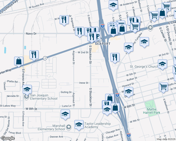 map of restaurants, bars, coffee shops, grocery stores, and more near 1775 South Stockton Street in Stockton