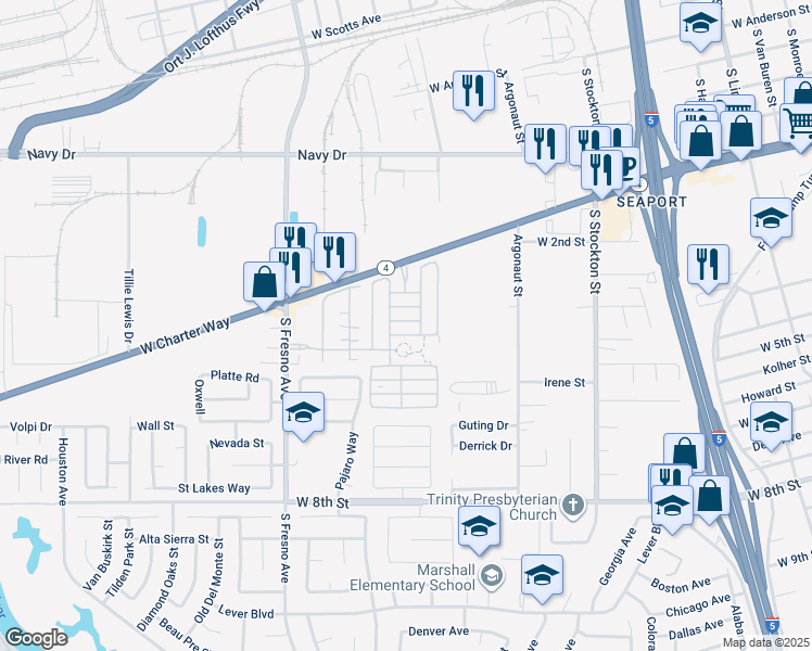 map of restaurants, bars, coffee shops, grocery stores, and more near 1441 Delta River Avenue in Stockton