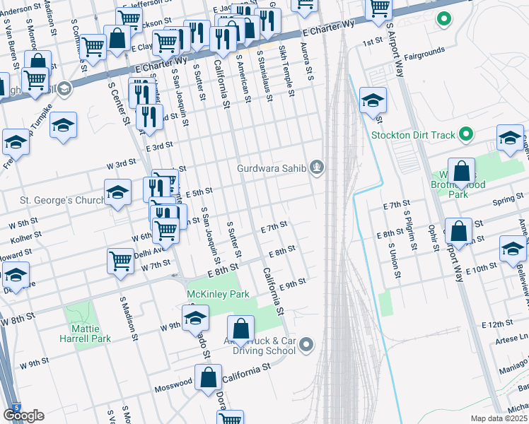 map of restaurants, bars, coffee shops, grocery stores, and more near 2015 South American Street in Stockton