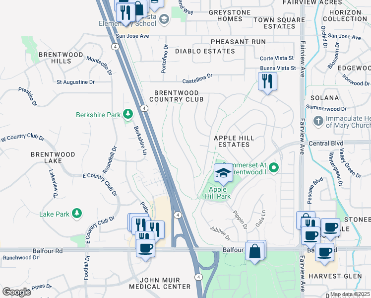 map of restaurants, bars, coffee shops, grocery stores, and more near 540 Central Park Place in Brentwood