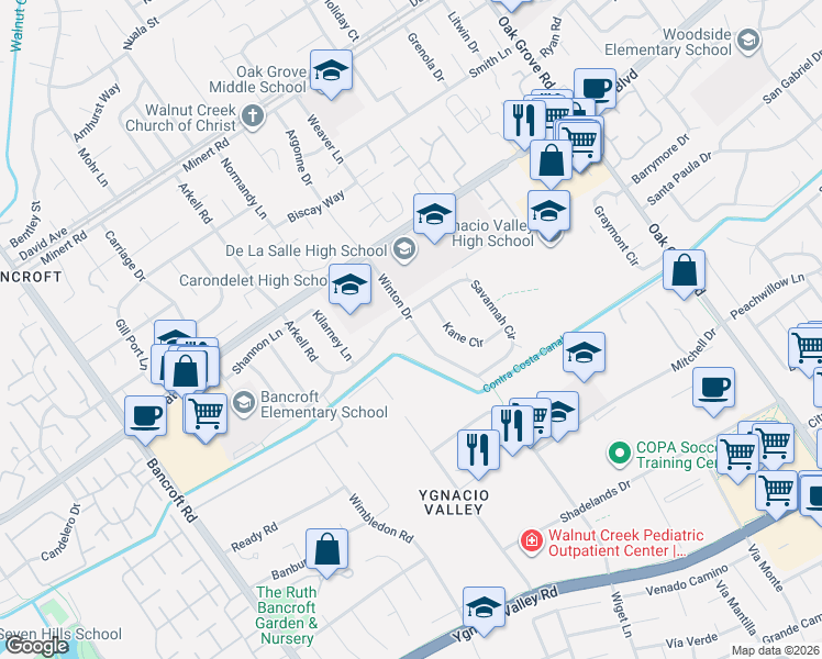 map of restaurants, bars, coffee shops, grocery stores, and more near 1081 Winton Drive in Walnut Creek