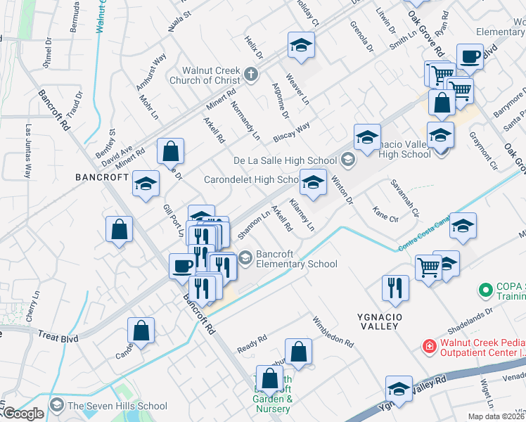 map of restaurants, bars, coffee shops, grocery stores, and more near 2356 Shannon Lane in Walnut Creek