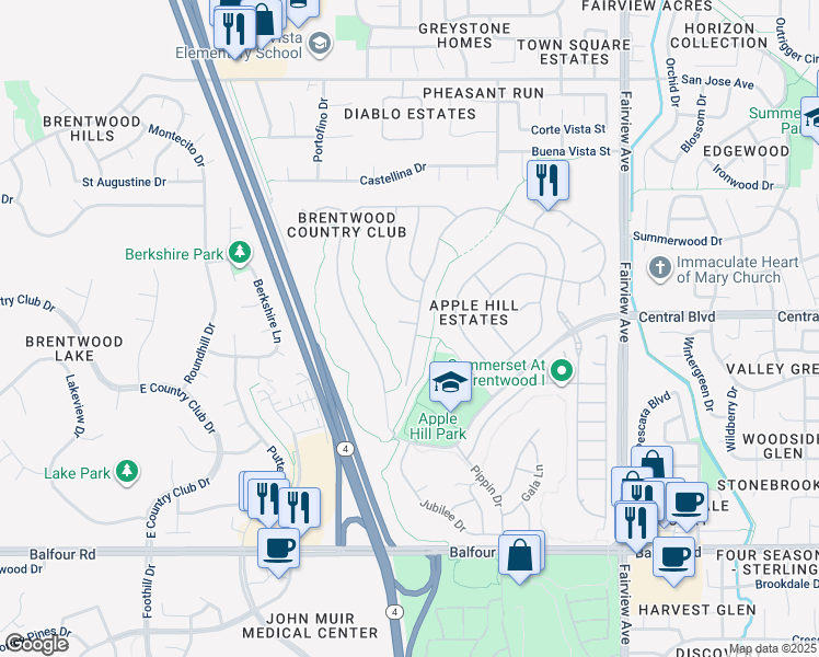 map of restaurants, bars, coffee shops, grocery stores, and more near 483 Apple Hill Drive in Brentwood