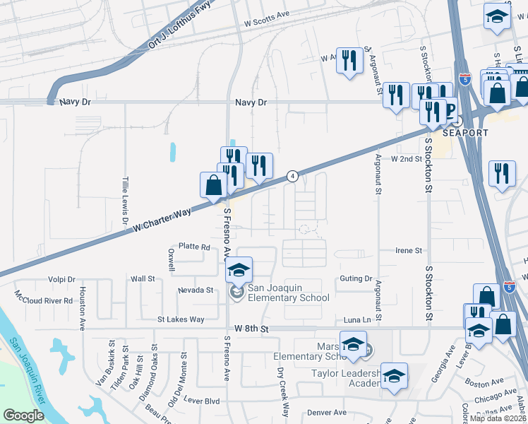map of restaurants, bars, coffee shops, grocery stores, and more near 1738 Bella Lago Drive in Stockton