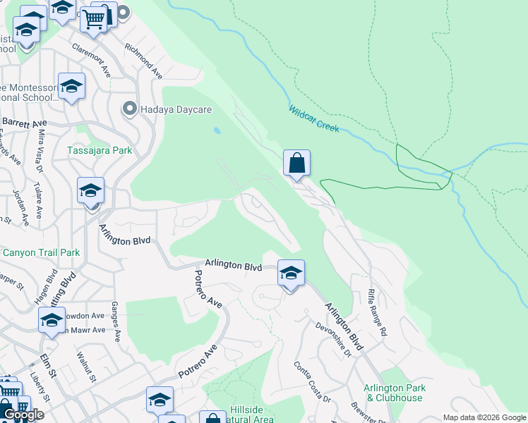 map of restaurants, bars, coffee shops, grocery stores, and more near 2217 Spyglass Lane in El Cerrito