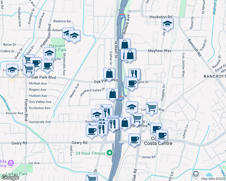 map of restaurants, bars, coffee shops, grocery stores, and more near 3131 North Main Street in Pleasant Hill