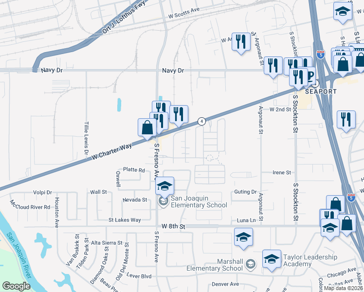 map of restaurants, bars, coffee shops, grocery stores, and more near 1738 Bella Lago Drive in Stockton