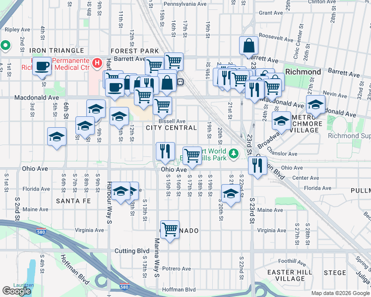 map of restaurants, bars, coffee shops, grocery stores, and more near 27 17th Street in Richmond
