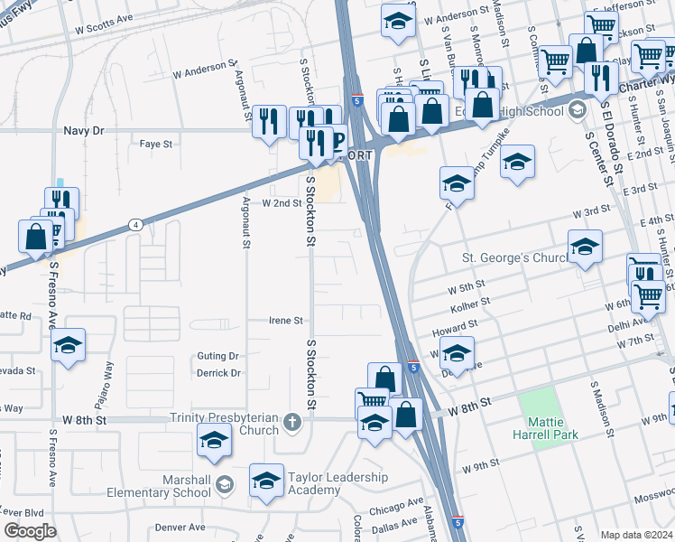 map of restaurants, bars, coffee shops, grocery stores, and more near 1743 Thousand Oaks Court in Stockton
