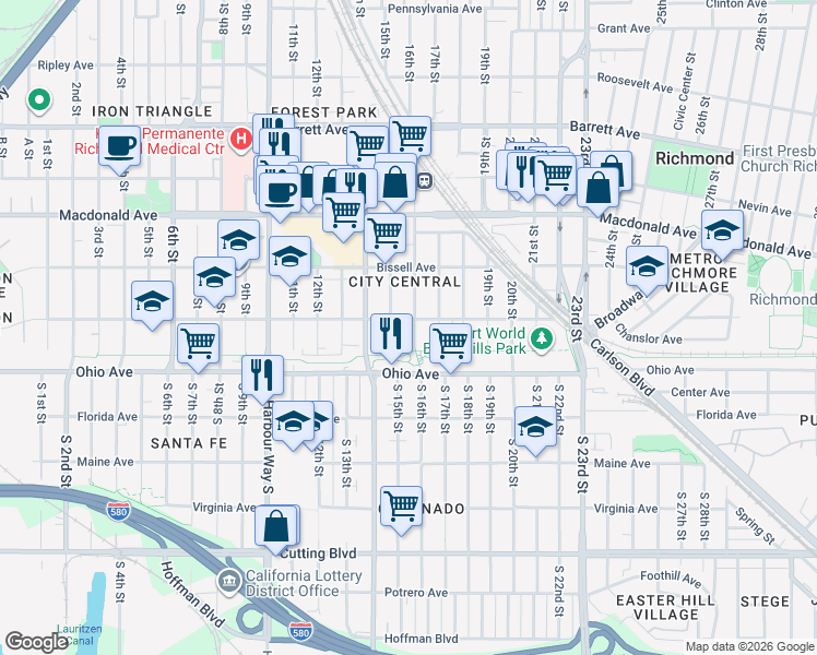 map of restaurants, bars, coffee shops, grocery stores, and more near 36 15th Street in Richmond