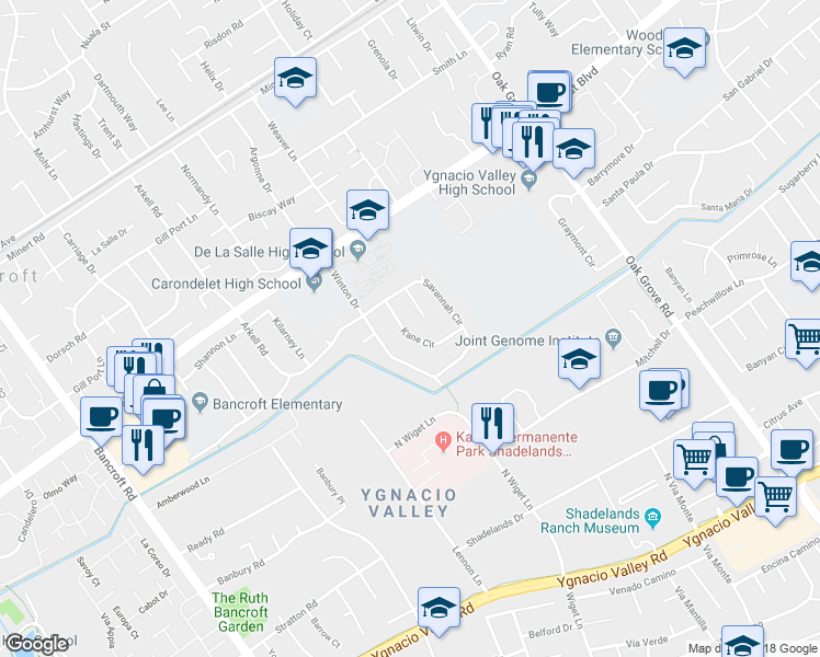 map of restaurants, bars, coffee shops, grocery stores, and more near 902 Kane Circle in Walnut Creek