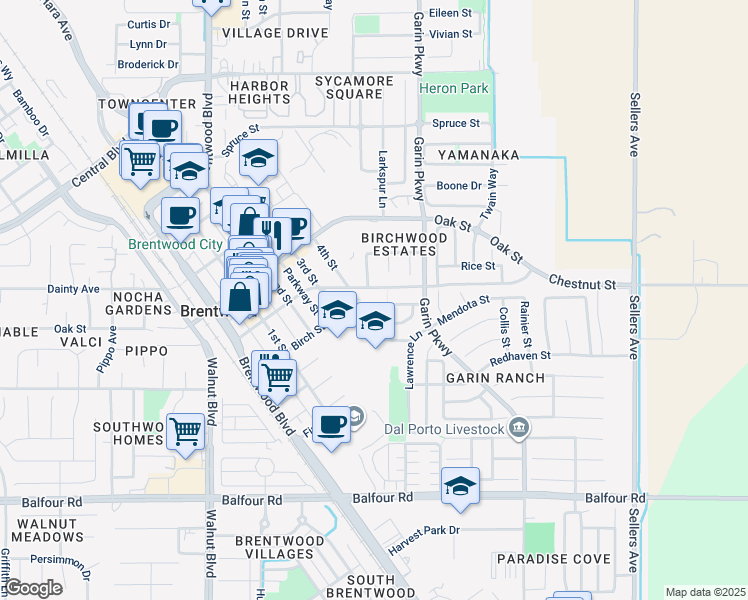map of restaurants, bars, coffee shops, grocery stores, and more near 437 Silverwood Street in Brentwood