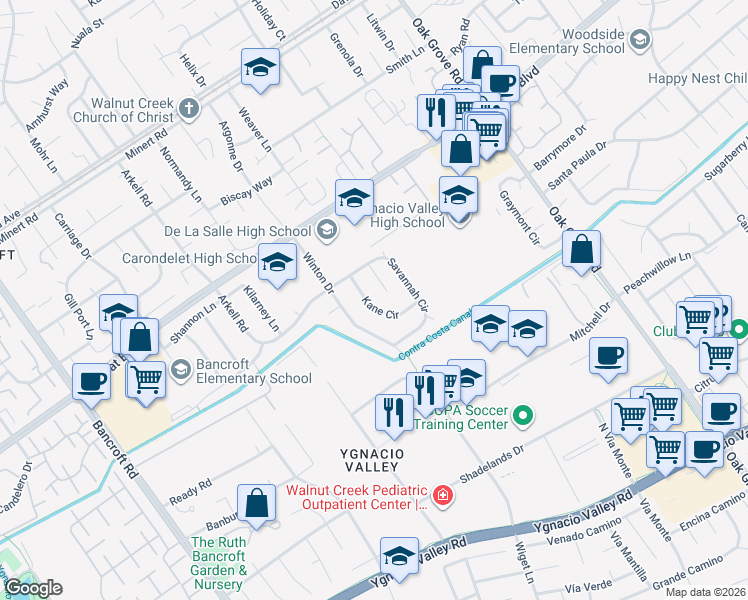 map of restaurants, bars, coffee shops, grocery stores, and more near 902 Kane Circle in Walnut Creek