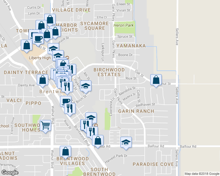 map of restaurants, bars, coffee shops, grocery stores, and more near 473 Silverwood Street in Brentwood