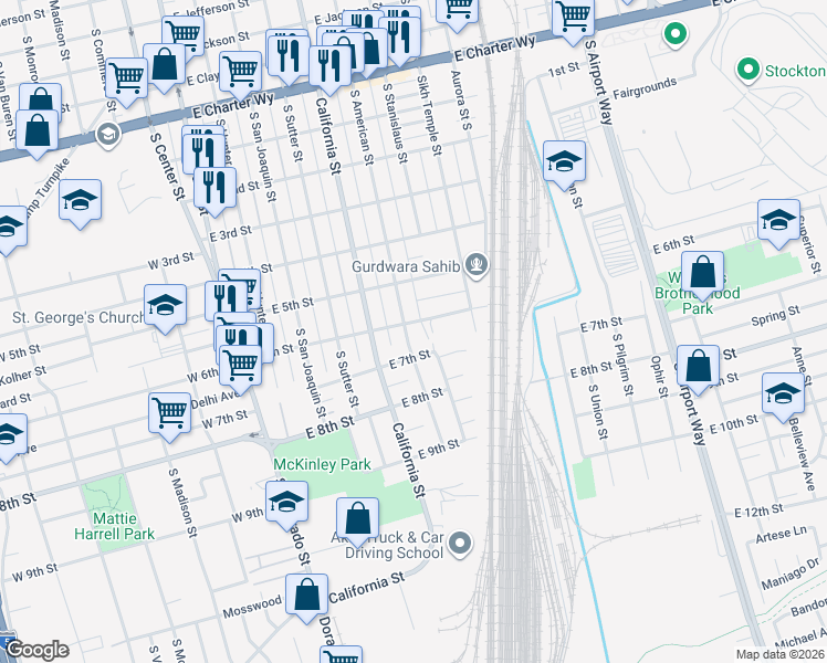 map of restaurants, bars, coffee shops, grocery stores, and more near 2 South American Street in Stockton