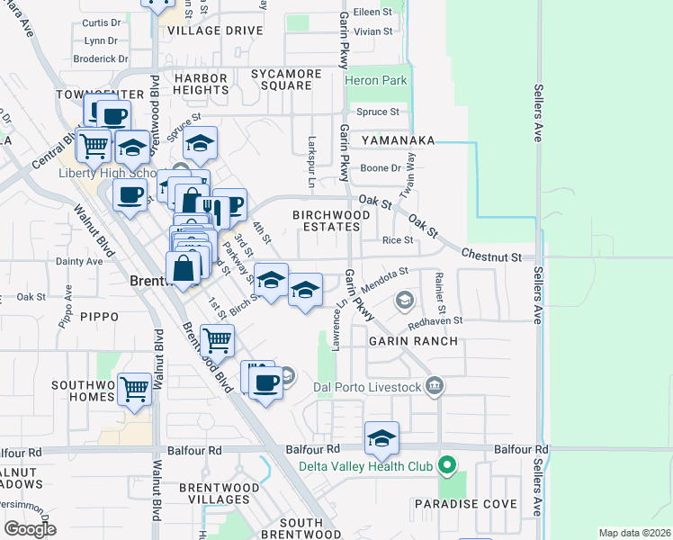 map of restaurants, bars, coffee shops, grocery stores, and more near 477 Silverwood Street in Brentwood