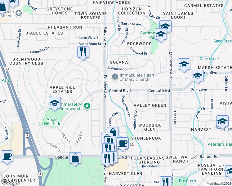 map of restaurants, bars, coffee shops, grocery stores, and more near 1401 Mandarin Court in Brentwood