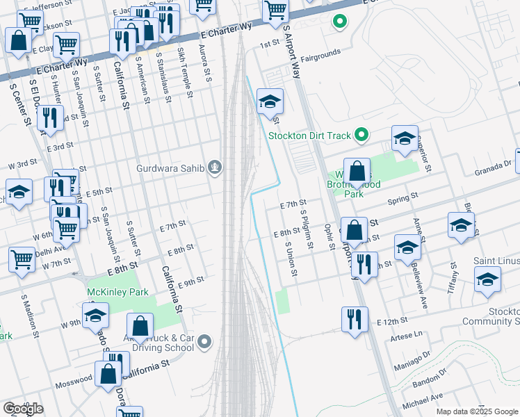 map of restaurants, bars, coffee shops, grocery stores, and more near 2101 South Sacramento Street in Stockton