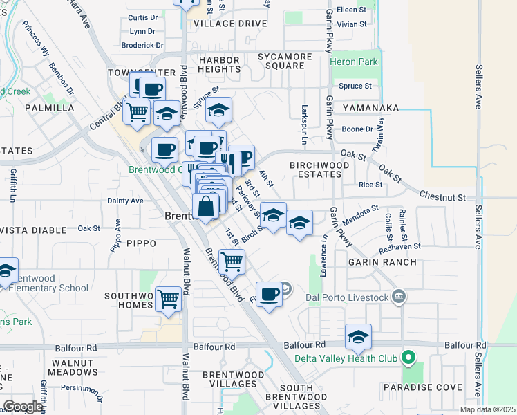 map of restaurants, bars, coffee shops, grocery stores, and more near 546 2nd Street in Brentwood