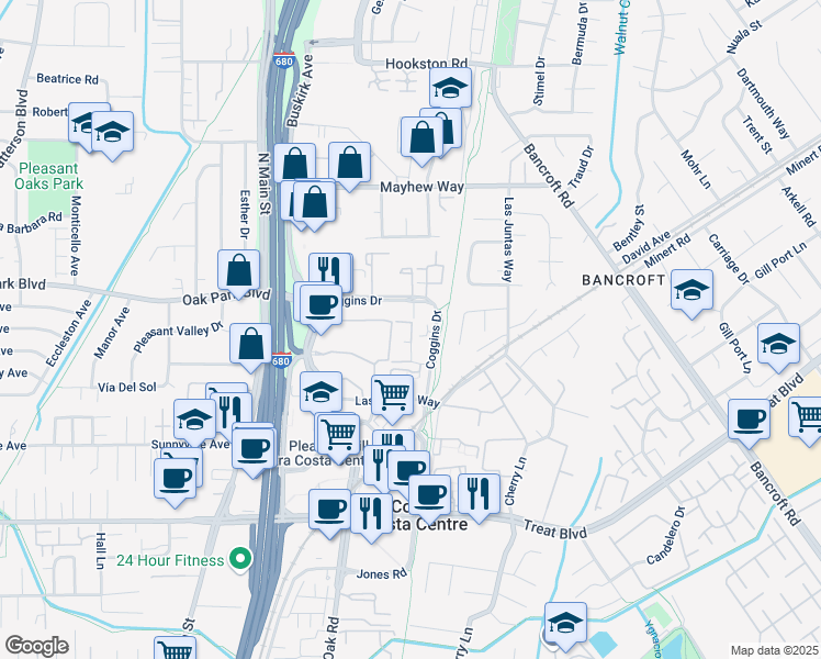map of restaurants, bars, coffee shops, grocery stores, and more near 3193 Wayside Plaza in Walnut Creek