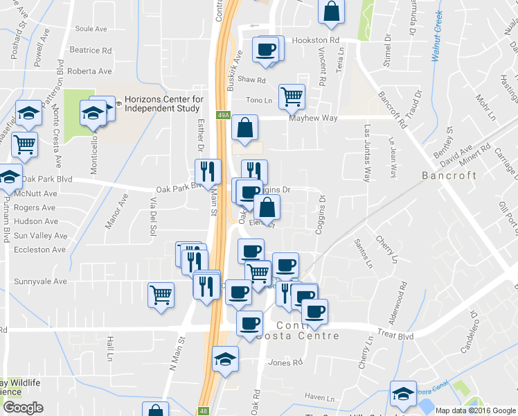 map of restaurants, bars, coffee shops, grocery stores, and more near 3216 Oak Road in Pleasant Hill