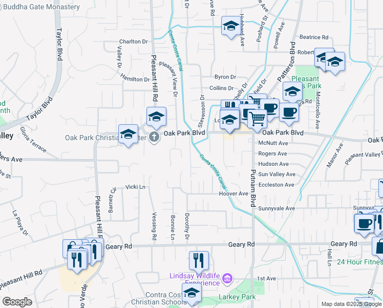 map of restaurants, bars, coffee shops, grocery stores, and more near 249 Oak Park Lane in Pleasant Hill