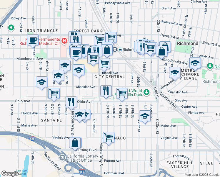 map of restaurants, bars, coffee shops, grocery stores, and more near 36 15th Street in Richmond
