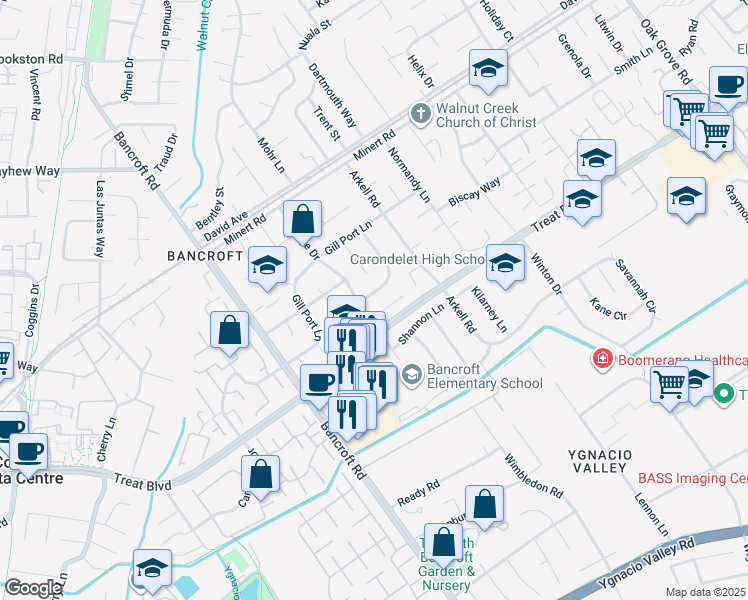 map of restaurants, bars, coffee shops, grocery stores, and more near 1561 Carriage Drive in Walnut Creek