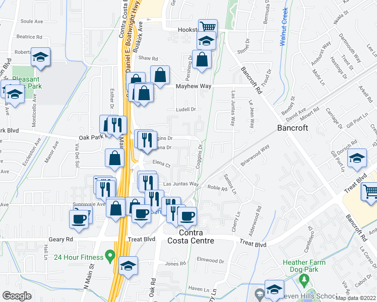map of restaurants, bars, coffee shops, grocery stores, and more near 3193 Wayside Plaza in Walnut Creek