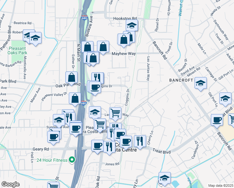map of restaurants, bars, coffee shops, grocery stores, and more near 3193 Wayside Plaza in Walnut Creek