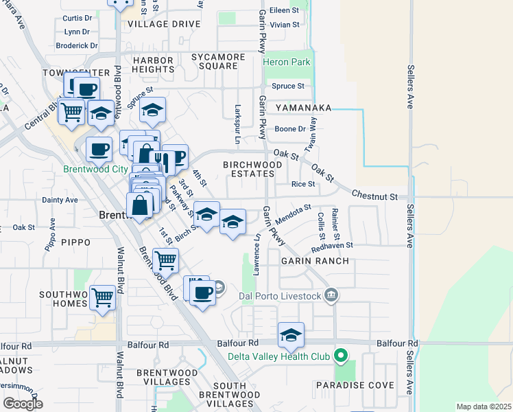 map of restaurants, bars, coffee shops, grocery stores, and more near 477 Silverwood Street in Brentwood