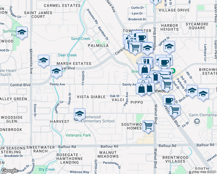 map of restaurants, bars, coffee shops, grocery stores, and more near 912 Dainty Avenue in Brentwood